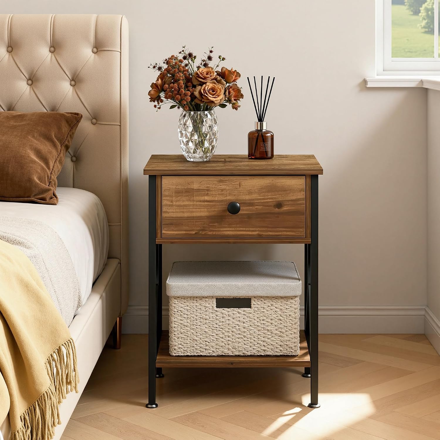 VECELO Night Stand Set of 2, End Tables with Drawer, 2-Tier Bedside Tables with X Shaped, Side Table Stand with Storage Shelf for Living Room/Bedroom,Rustic Brown