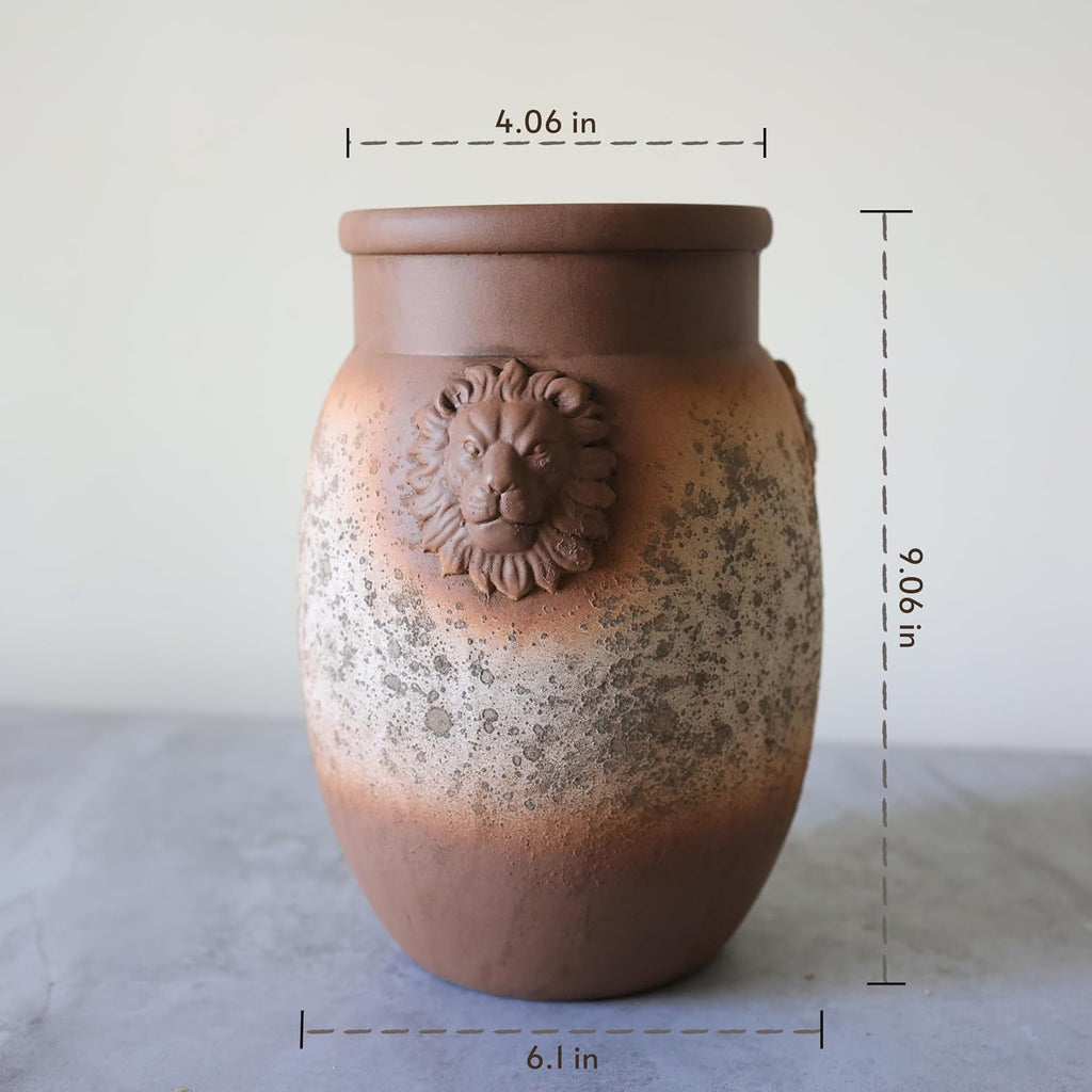 Rustic Farmhouse Vase, Lion Head Pattern Design for All Home Decor Styles, Ceramic Flower Vase, Ideal for Living Room,Dining Room, Mantel, Bedroom,Office, Bookshelf Decoration