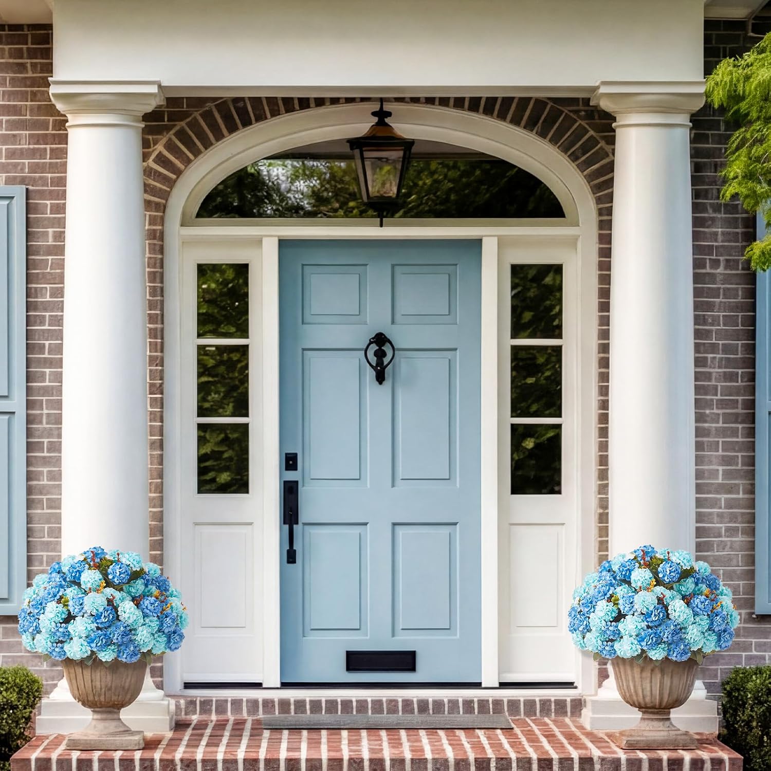 Suncalla 2 Set Turquoise Blue Artificial Topiary Ball Trees with Hydrangea Flower, 19.7" UV Resistant Outdoor Artificial Plants with Ground Spike for Planter Front Door Home Indoor Porch Patio Decor