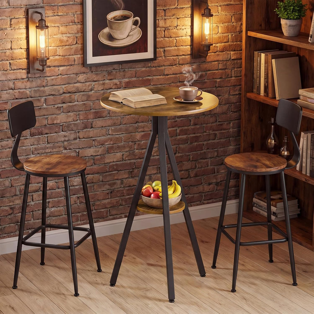 YATINEY Bar Table, 2-Tier Round Pub Table, Counter Height Cocktail Table for Small Spaces, Dining Room, Cafe, Pub, Rustic Brown and Black BT12BR