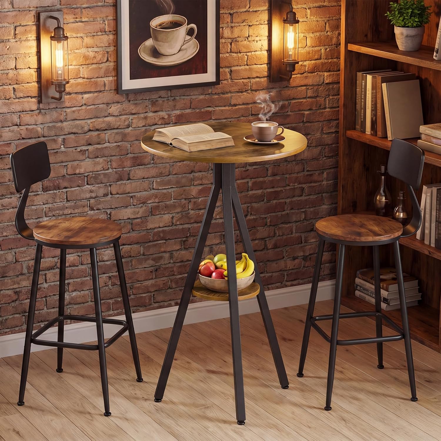 YATINEY Bar Table, 2-Tier Round Pub Table, Counter Height Cocktail Table for Small Spaces, Dining Room, Cafe, Pub, Rustic Brown and Black BT12BR