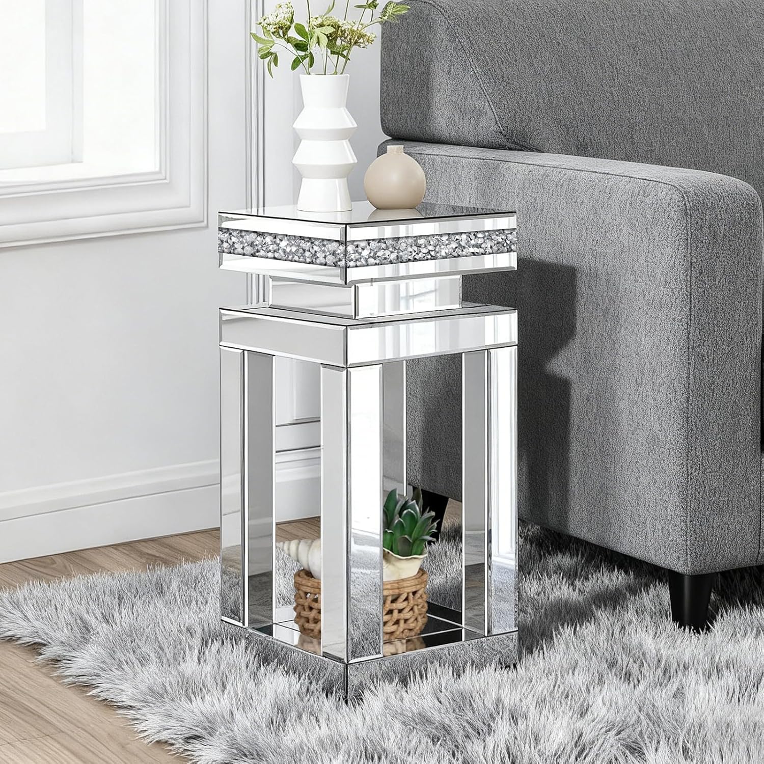 Silver Mirrored End Table, Modern Crushed Diamond Accent Tables, Small Side Coffee Table for Living Room, Bedroom, 11.8"x11.8"x23.6"