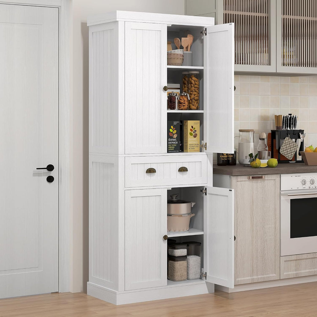 72" Farmhouse Kitchen Pantry Cabinet, Freestanding Tall Storage Cabinet with 4 Soft-Close Doors, 2 Adjustable Shelves and Drawer for Dining Room, Distressed White,15.8 * 30 * 72