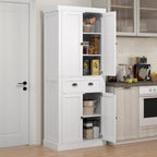 72" Farmhouse Kitchen Pantry Cabinet, Freestanding Tall Storage Cabinet with 4 Soft-Close Doors, 2 Adjustable Shelves and Drawer for Dining Room, Distressed White,15.8 * 30 * 72
