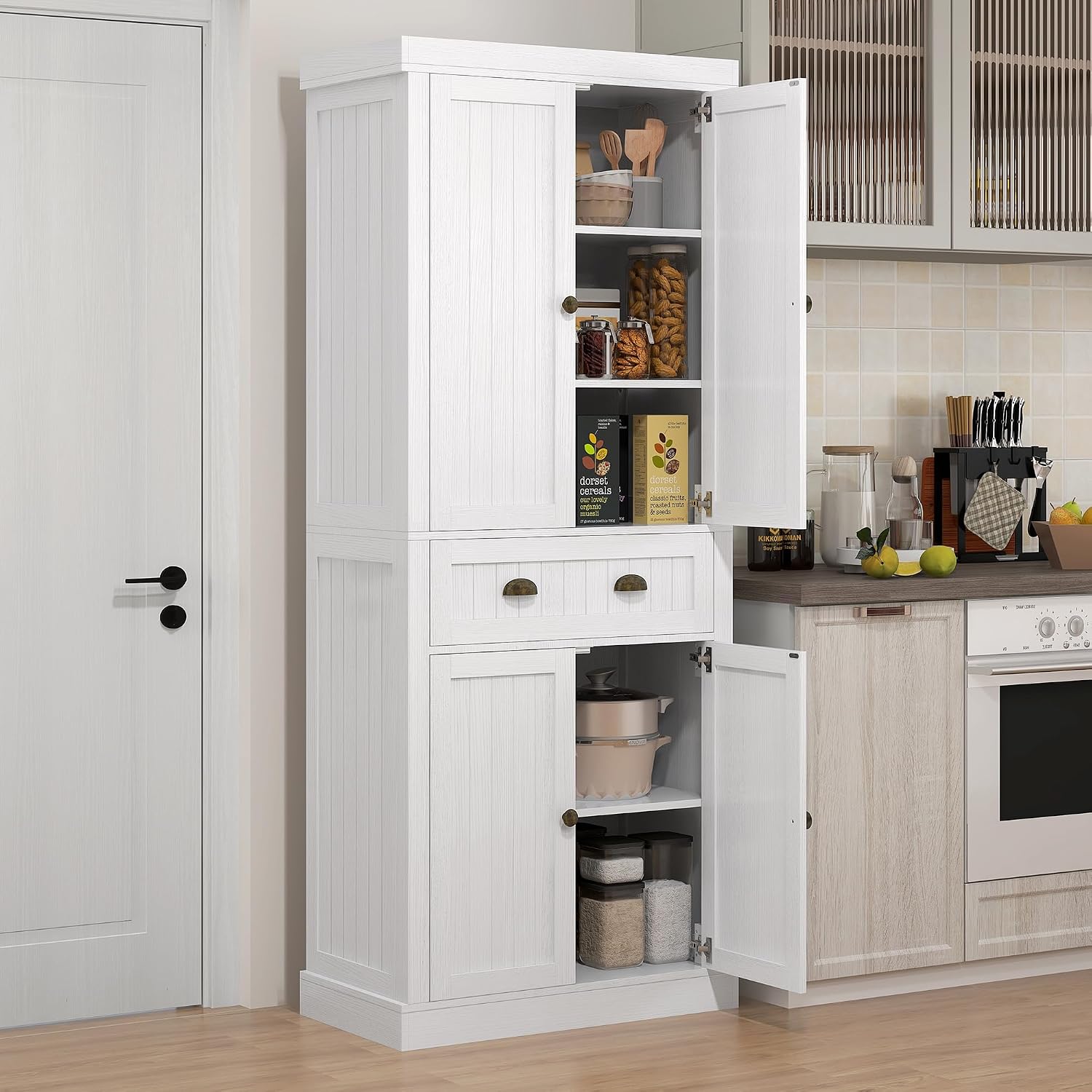 72" Farmhouse Kitchen Pantry Cabinet, Freestanding Tall Storage Cabinet with 4 Soft-Close Doors, 2 Adjustable Shelves and Drawer for Dining Room, Distressed White,15.8 * 30 * 72