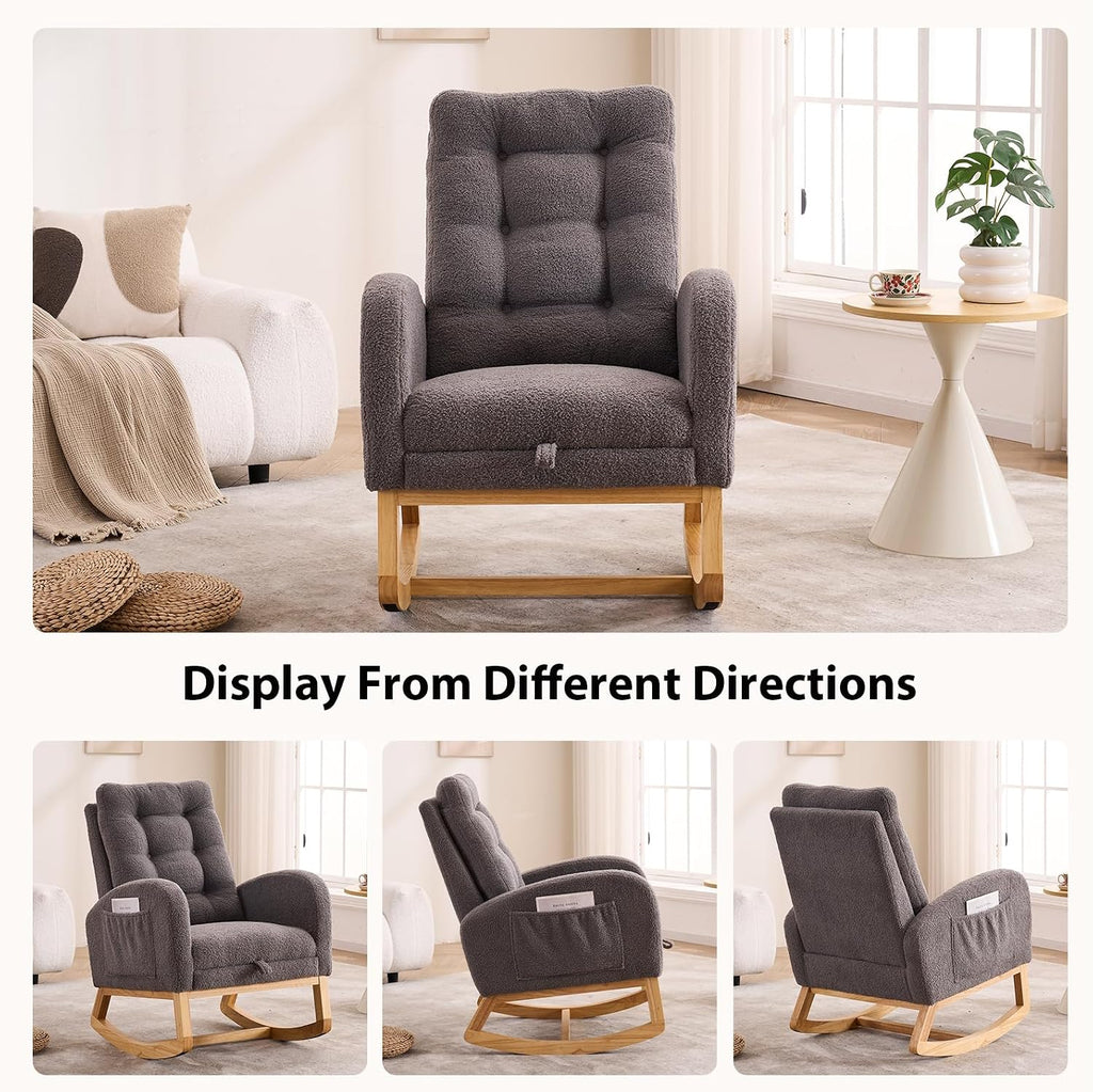 Nursery Rocking Chair with Retractable Footrest,Accent Rocker for Relaxing, Side Pocket,A+ Grade Rubber Wood,Suitable for Living Room,Bedroom and Balcony (Teddy Fleece, Dark Gray)