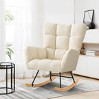 Furniliving Nursery Rocking Chair Upholstered Glider Rocking Chair Modern Accent Chair Padded Seat Reading Chair with High Backrest Comfy Chair for Living Room, Bedroom, Nursery, White, Teddy