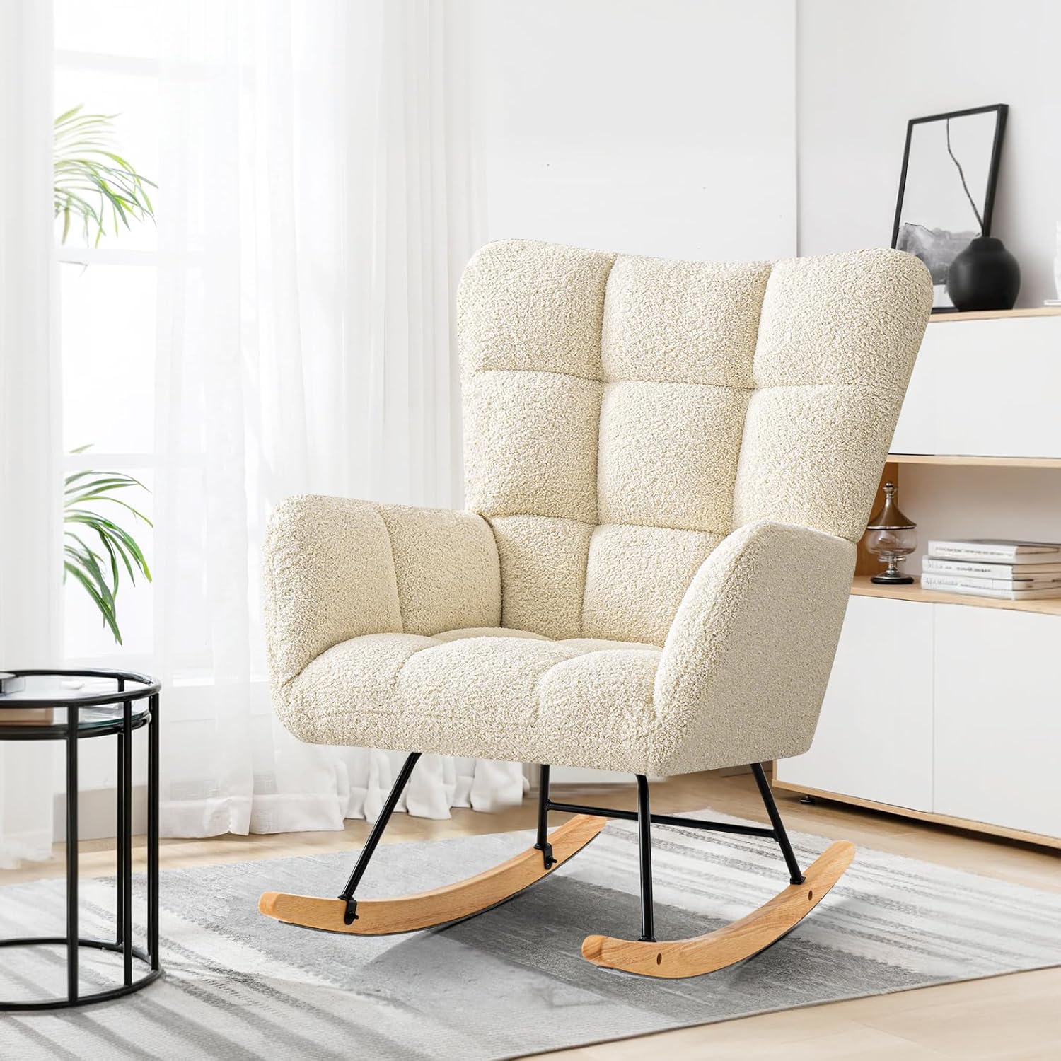 Furniliving Nursery Rocking Chair Upholstered Glider Rocking Chair Modern Accent Chair Padded Seat Reading Chair with High Backrest Comfy Chair for Living Room, Bedroom, Nursery, White, Teddy