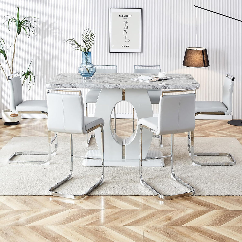 7 Piece Marble Dining Table Set for 6,Counter Height Dining Table Set,63" Dining Room Table with 6 Light Grey Leather Barstools,Bar Height Table and Chairs Ideal for Pub Kitchen