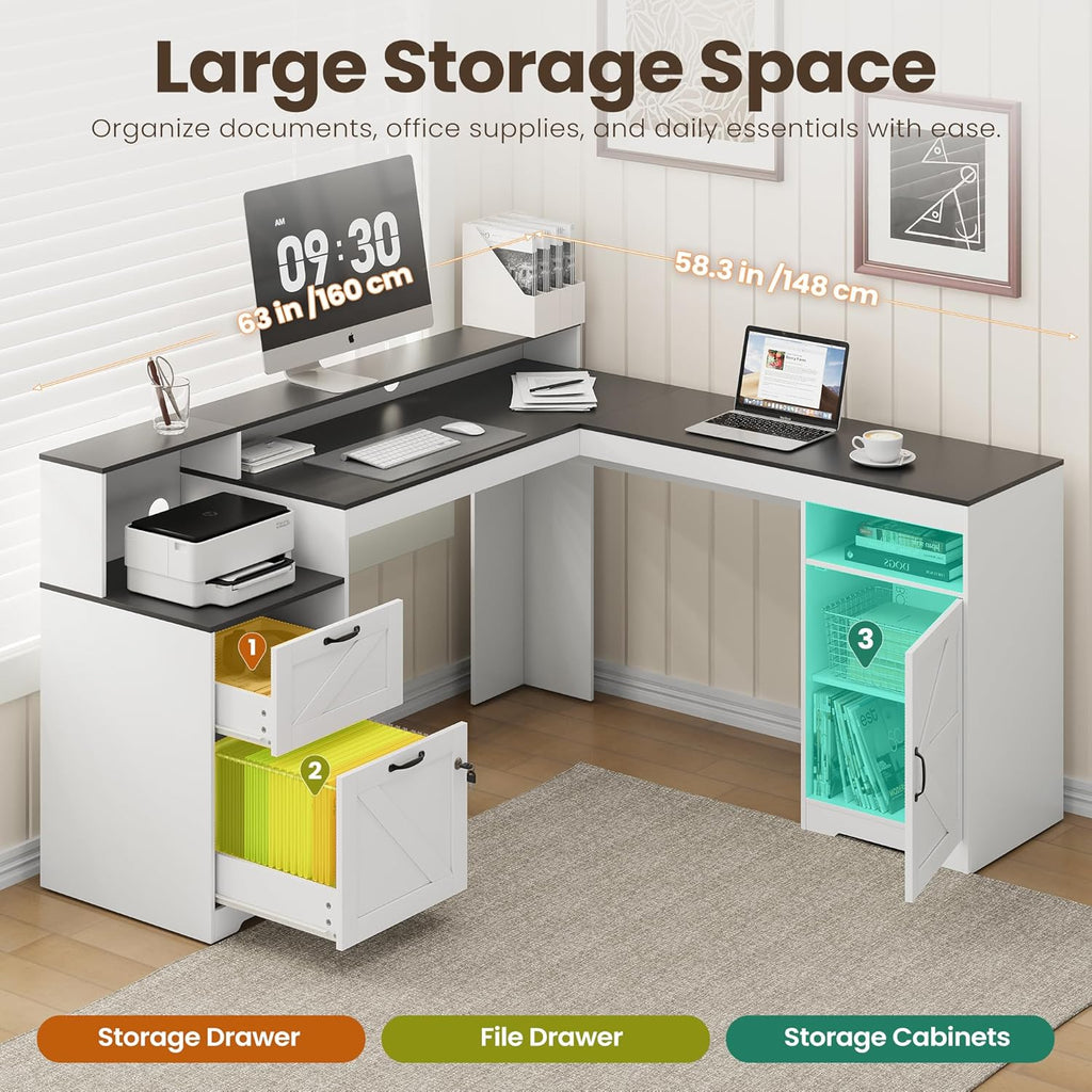 MALOL 63" Farmhouse L Shaped Executive Desk, Corner Computer Desk with Drawers & Storage Shelf, Home Office Desk with Power Outlet, Monitor Stand, Wood Grain Desktop, White & Black