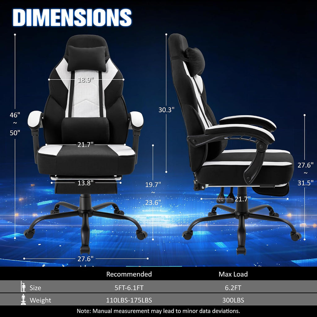 Gaming Chair with Footrest Fabric Gaming Chair for Adults with Massage Lumbar Support, High Back Ergonomic Computer Chair, Pocket Spring Cushion, 150°Reclining & Linkage Armrests, Black