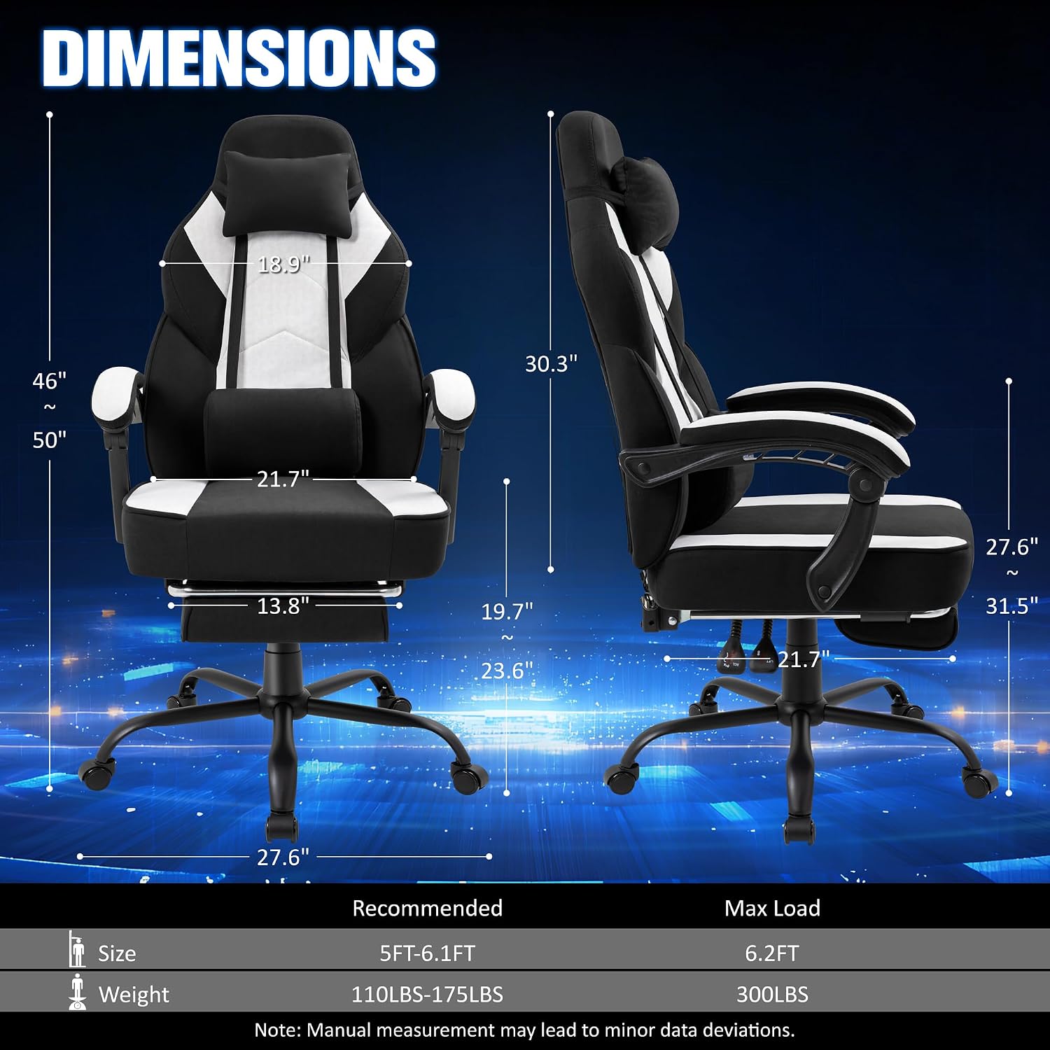 Gaming Chair with Footrest Fabric Gaming Chair for Adults with Massage Lumbar Support, High Back Ergonomic Computer Chair, Pocket Spring Cushion, 150°Reclining & Linkage Armrests, Black