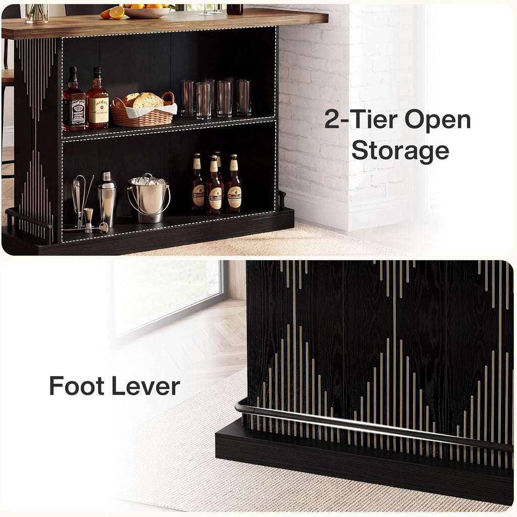 Tribesigns 63" Bar Table, Sturdy Modern Counter Height Pub Table with 2-Tier Storage Shelf and Metal Footrest, Rectangular Wood Home Bar Unit for Kitchen, Living Room, Black