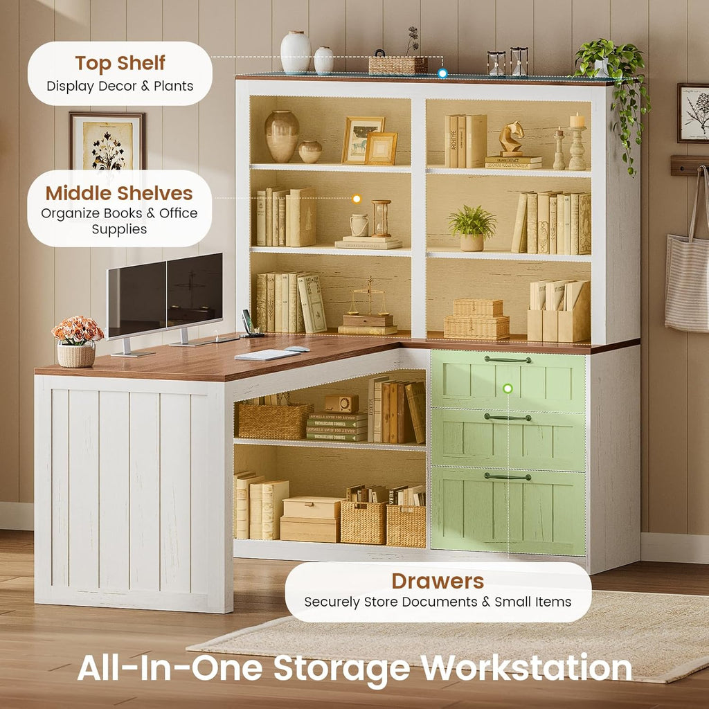 SEDETA Farmhouse L Shaped Computer Desk, 59'' Wood Office Desk with 3 Drawers and 5-Tier Bookshelf, Corner Desk with Storage Shelves and Power Outlet for Home Office Small Space, Vintage White + Brown