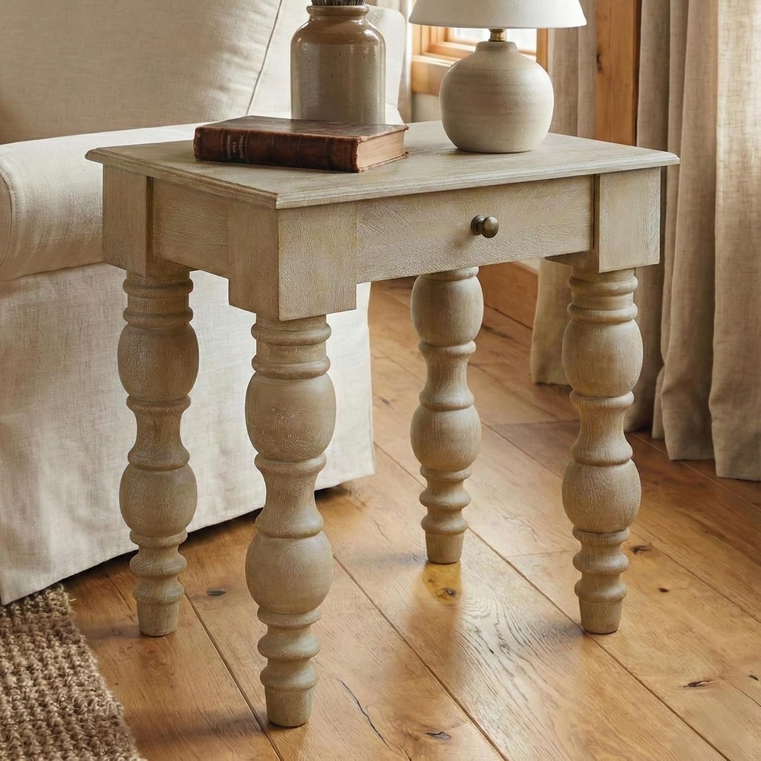 Casartis Living James French Country Side Table with Drawer (Rustic White)
