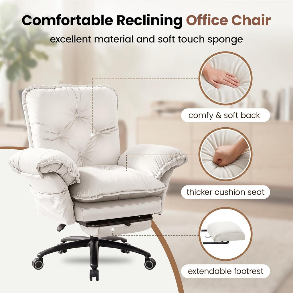 FiveWillowise Criss Cross Chair with Adjustable Arms and Foot Rest, Wide Seat Reclining Office Chair with Wheels, Makeup Vanity Chair with Side Pockets, Comfy Velvet Cross Legged Desk Chair, Beige