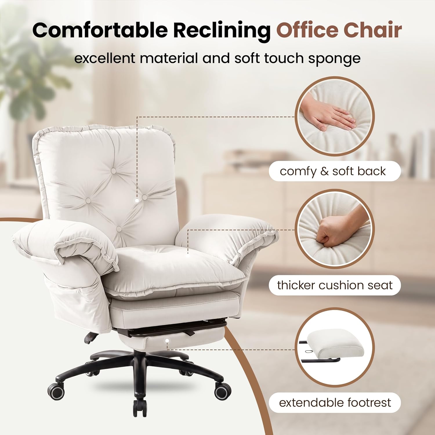FiveWillowise Criss Cross Chair with Adjustable Arms and Foot Rest, Wide Seat Reclining Office Chair with Wheels, Makeup Vanity Chair with Side Pockets, Comfy Velvet Cross Legged Desk Chair, Beige