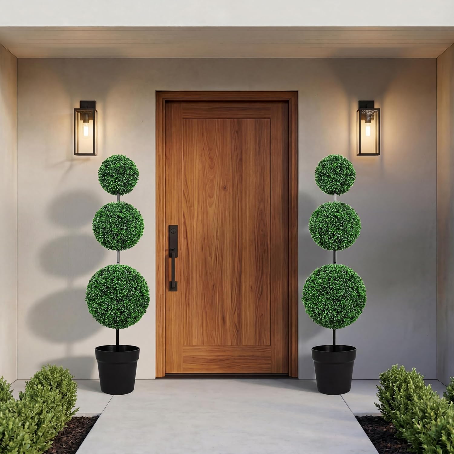 Artificial Boxwood Topiary Tree 4FT Triple Ball Faux Topiary Trees, Waterproof Fake Boxwood Plants Outdoor Indoor, All-Weather Potted for Porch Patio Garden Entryway Home Decor Set of 2