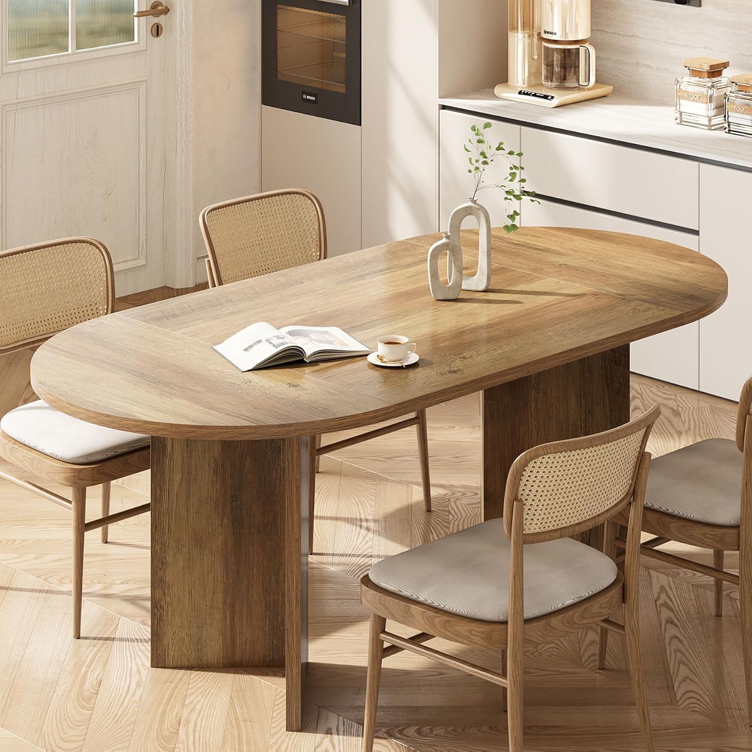 LITTLE TREE 63" Rustic Oval Dining Table for 2-4, Sturdy MDF Farmhouse Kitchen Table with Metal Strip Base, for Living Room, Office, Restaurant, Multi-Use, Umber