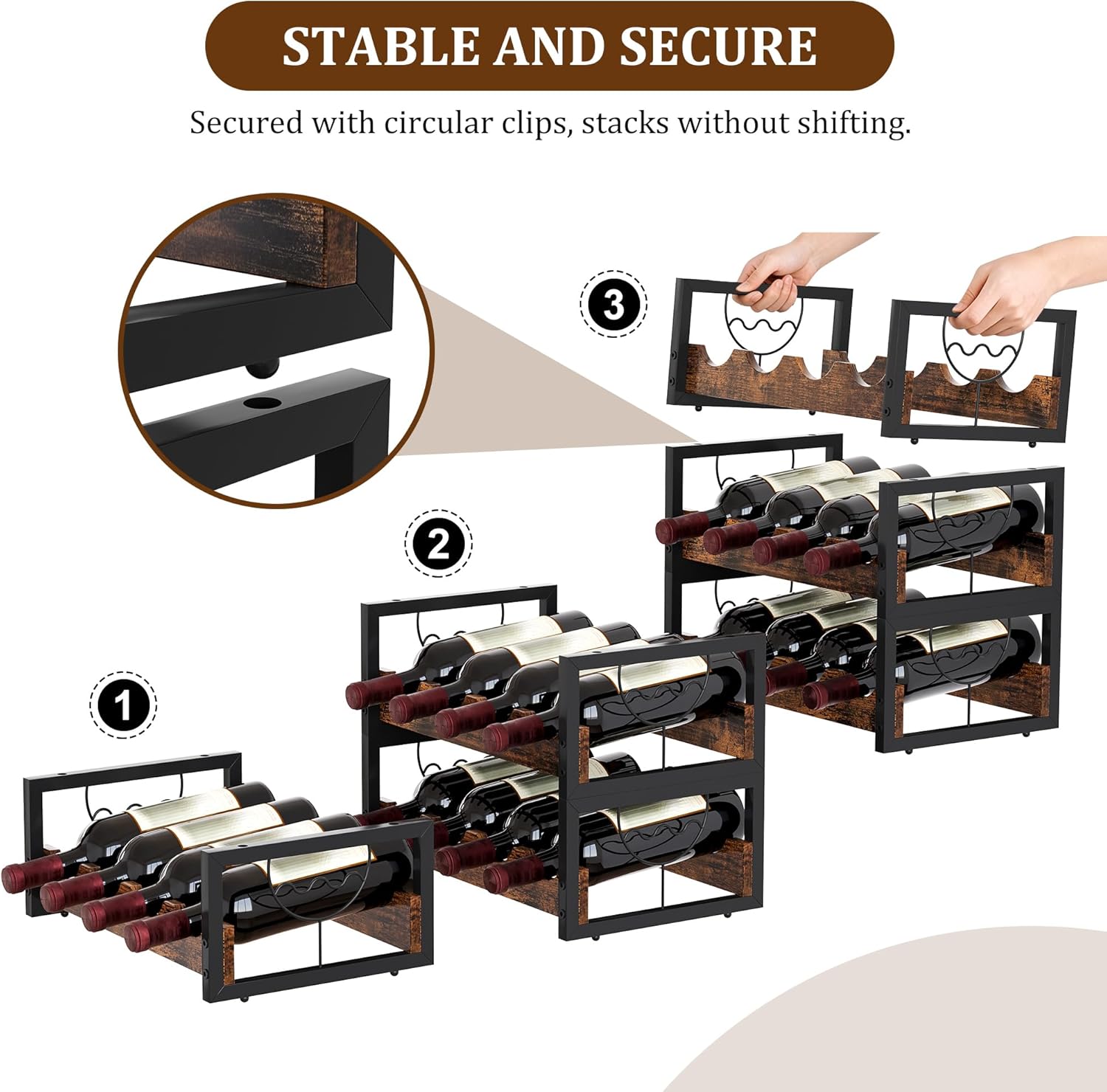 TQVAI Small Wine Racks 12 Bottle Countertop 3 Tier Wine Holder Bottle Storage Stackable Wine Racks Free Standing, Antique Brown