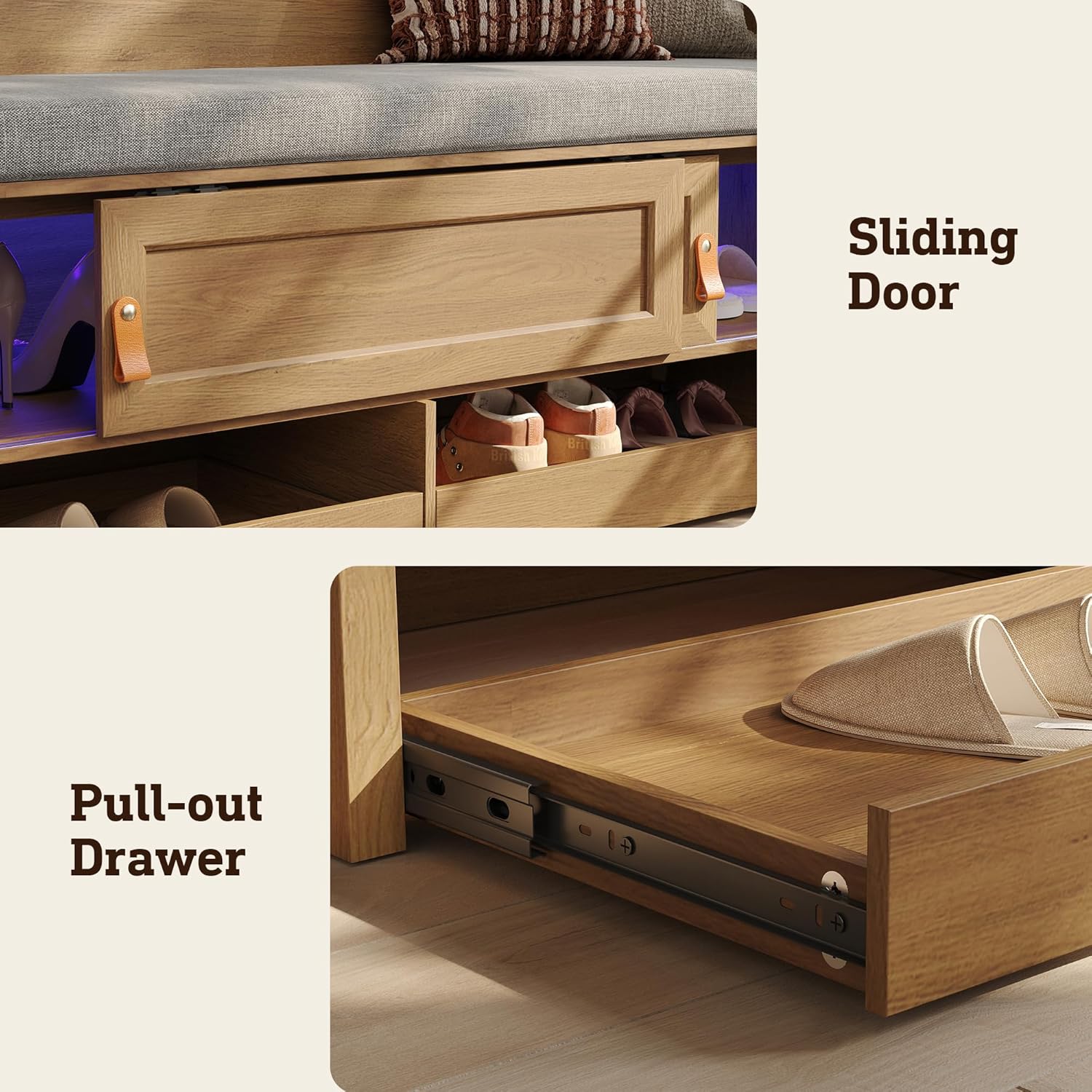 STO'SENSE Shoe Bench with UV Light, 2-Tiers Entryway Bench with Cushion, Sliding Doors & 2 Pop-Out Drawers for Bedroom, Closet, Living Room, Hallway