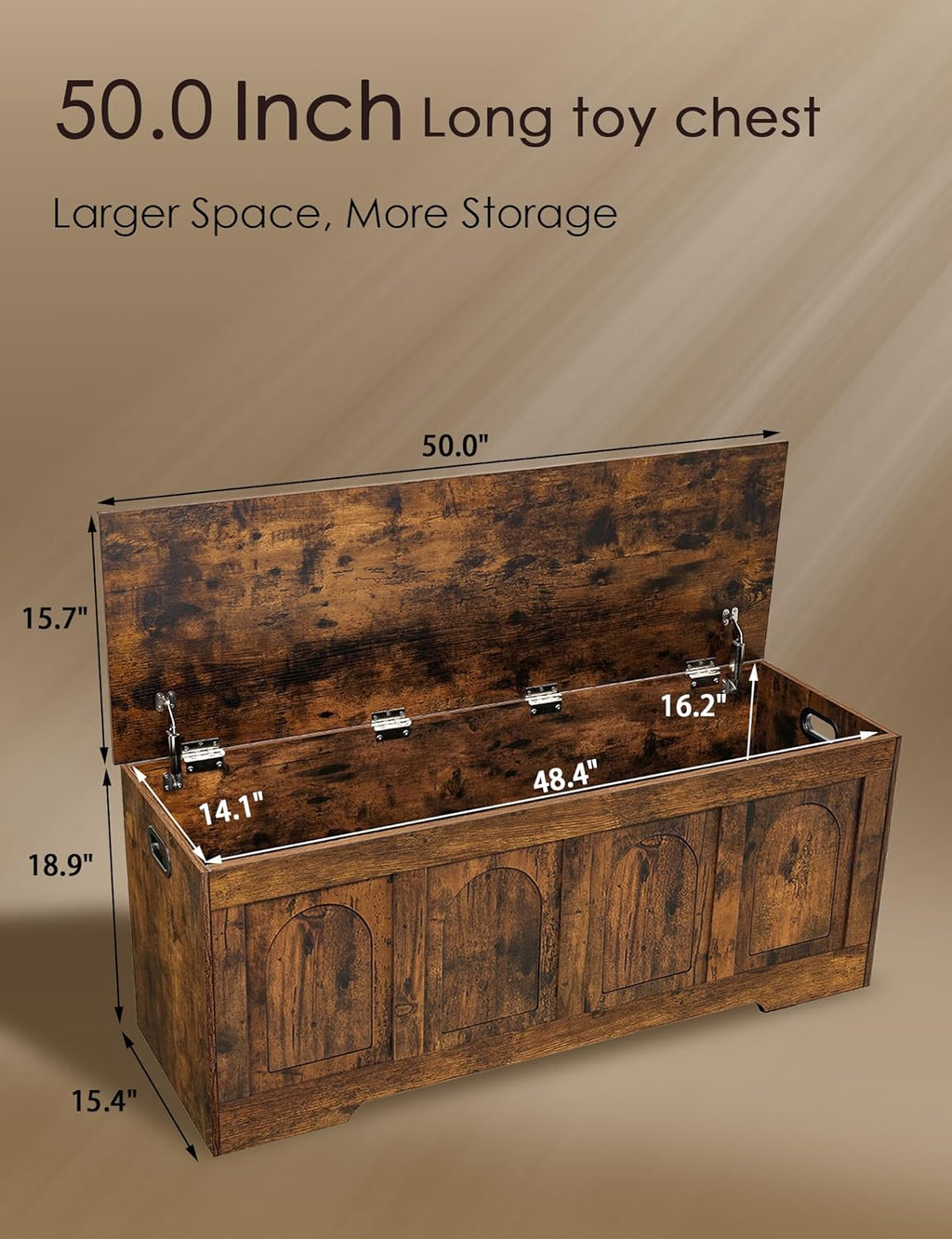 DINZI LVJ Storage Chest, 50” Extra Large Storage Bench with 2 Safety Hinges, Wooden Toy Box with Flip-Top, Large Trunk for Living Room, Playroom, Easy Assembly, Rustic Brown