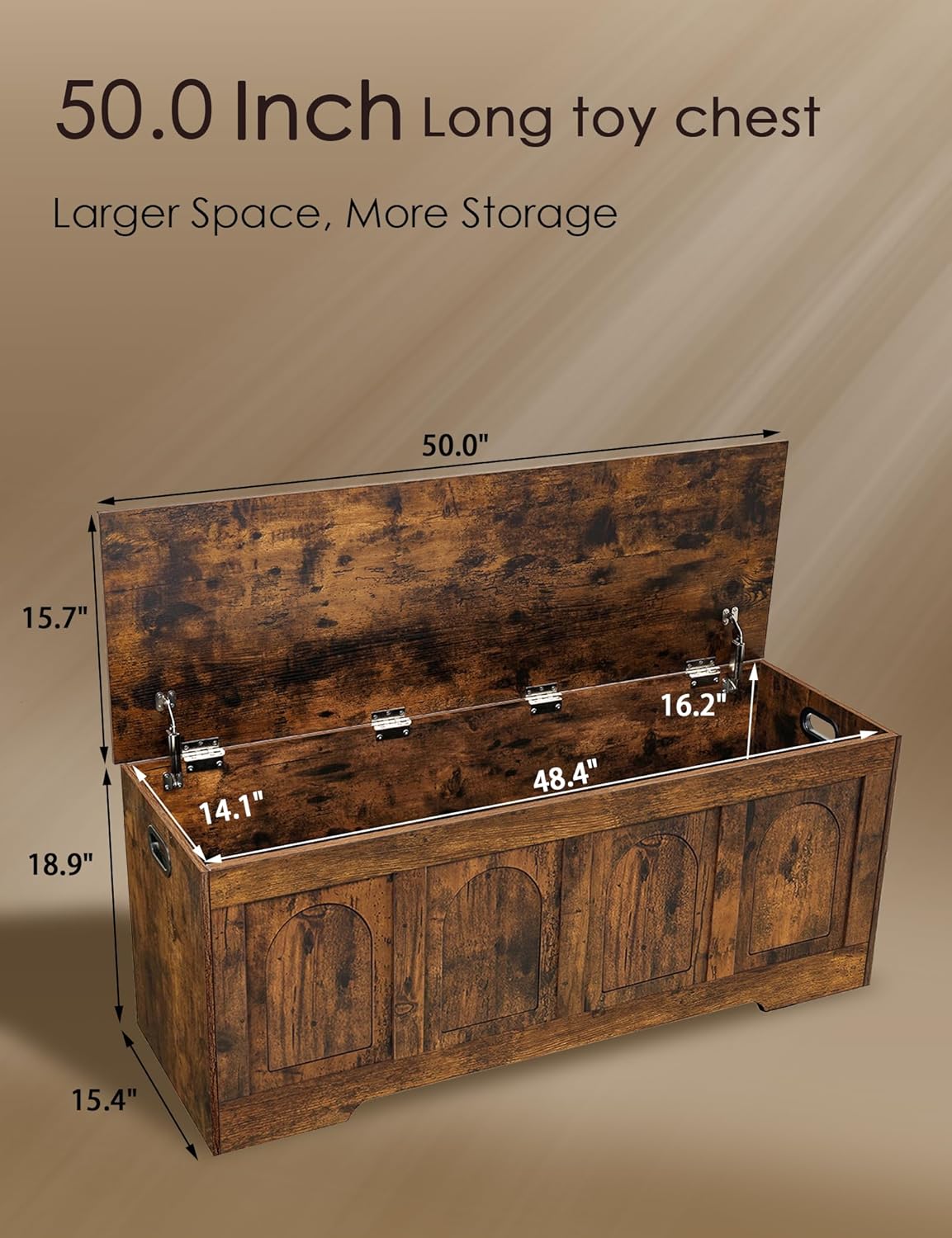 DINZI LVJ Storage Chest, 50” Extra Large Storage Bench with 2 Safety Hinges, Wooden Toy Box with Flip-Top, Large Trunk for Living Room, Playroom, Easy Assembly, Rustic Brown
