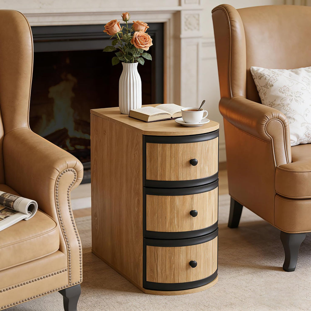 BERRYMERRY Narrow End Table Set of 2 with Charging Station, Modern Slim Nightstand Bedside Table with 3 Drawers for Bedroom Living Room, Natural, 11.81" W x 23.51" D x 23.62" H