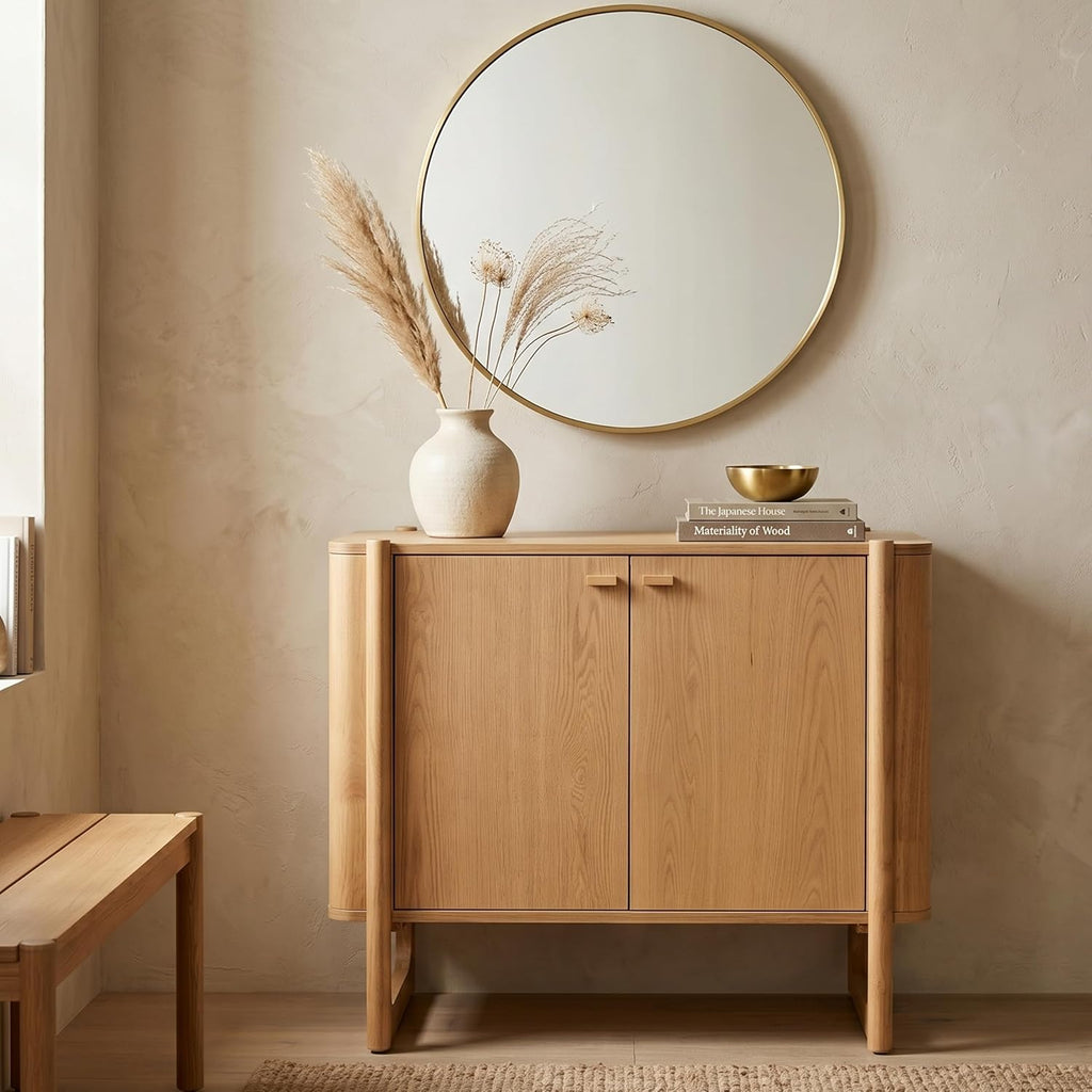 Apollo Mid-Century Modern Wooden Accent Cabinet, Buffet and Media Console, Storage Cabinet with Solid Wood Legs, Soft-Closed Hinges and Adjustable Shelves (Light Oak)