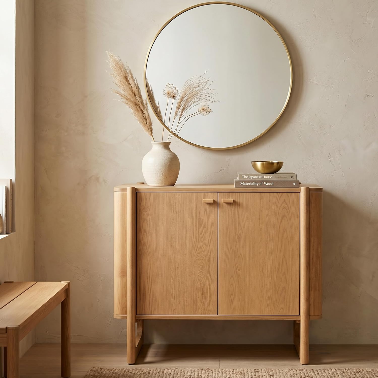 Apollo Mid-Century Modern Wooden Accent Cabinet, Buffet and Media Console, Storage Cabinet with Solid Wood Legs, Soft-Closed Hinges and Adjustable Shelves (Light Oak)