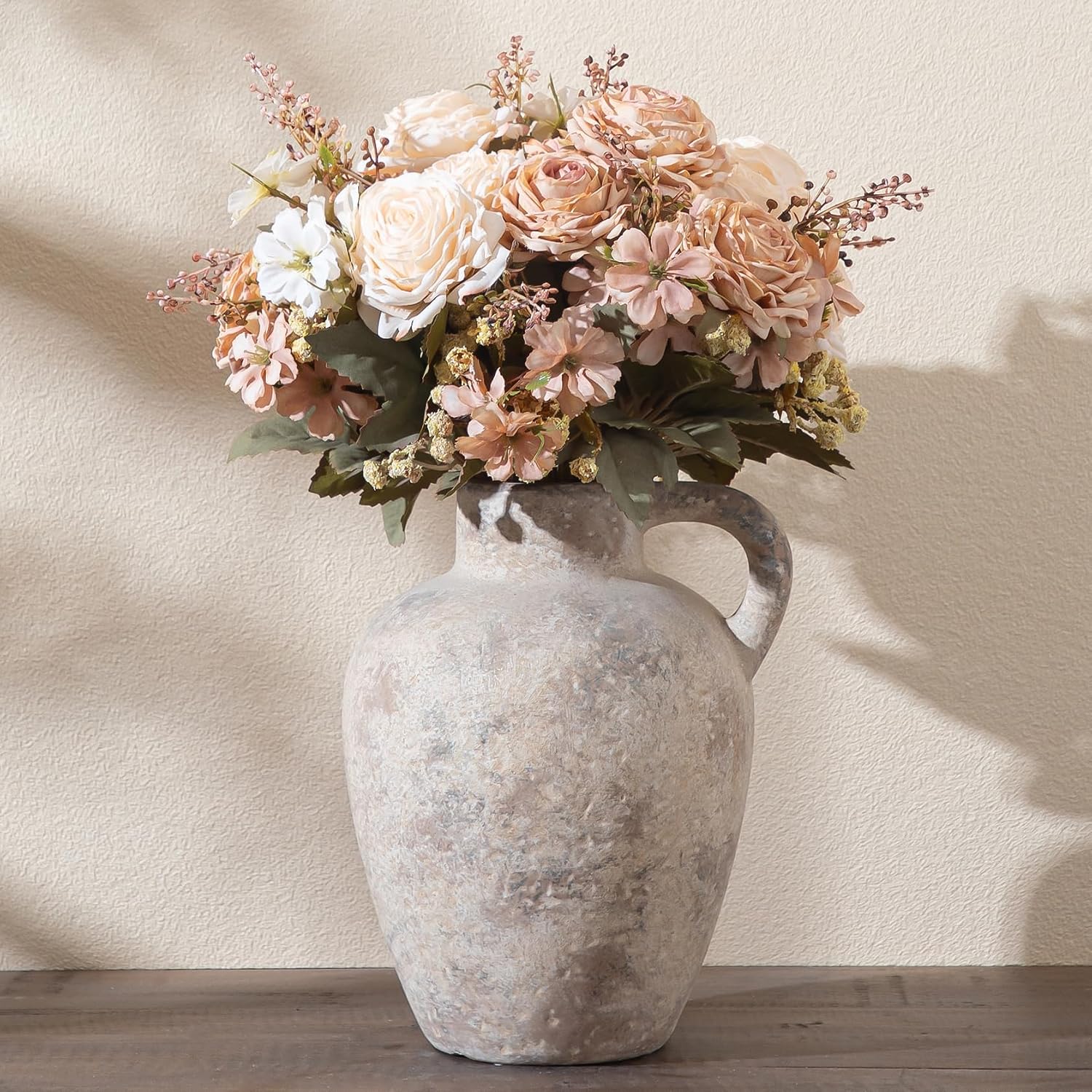 Enra Rustic Terracotta Vase with Handle, Textured Ceramic Home Decor | 8.85 Inch Vase with Farmhouse Style for Living Room, Shelf, Table Centerpiece and Home Decoration