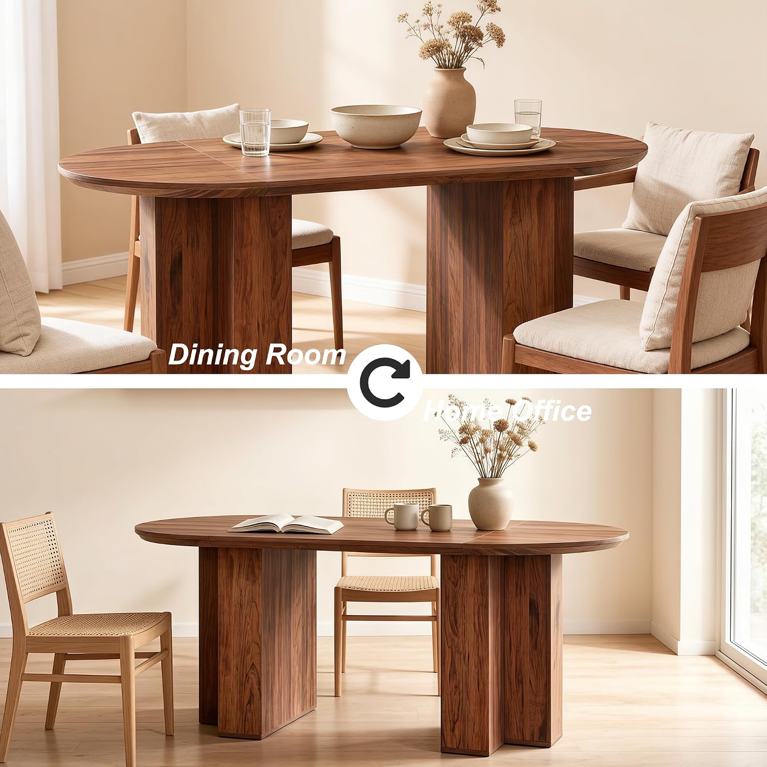 RedLemon 63" Oval Dining Table for 4-6 People, Wood Kitchen Table with Thick Stable T-Shaped Base & Curved Edge, Modern Dinner Table for Dining Room, Kitchen, Rustic Walnut