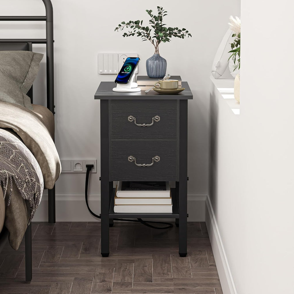 VECELO End Tables Set of 2,Narrow Nightstands with Charging Station & USB Ports & 2 Drawers,Skinny Side Table for Bedroom, Living Room,Black