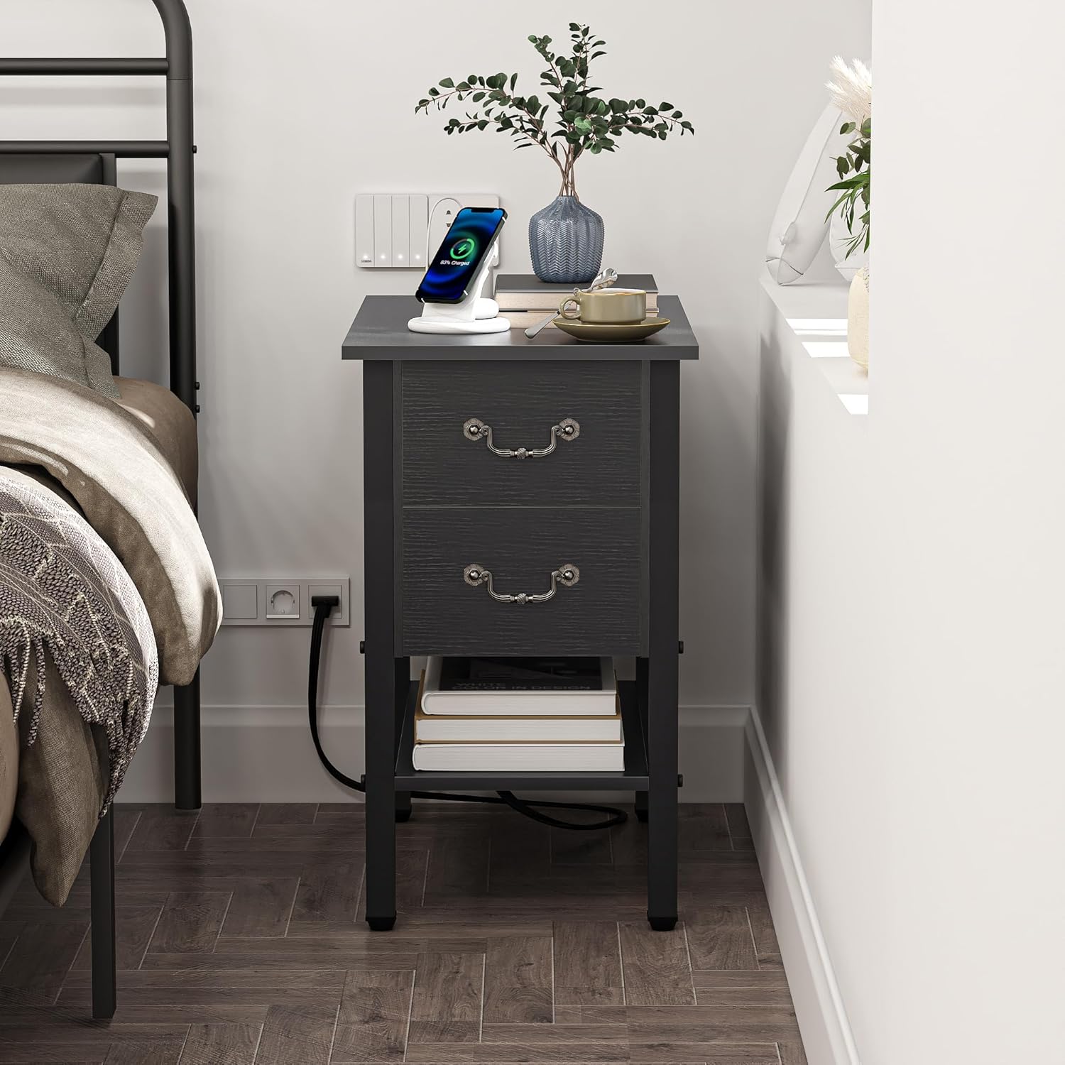 VECELO End Tables Set of 2,Narrow Nightstands with Charging Station & USB Ports & 2 Drawers,Skinny Side Table for Bedroom, Living Room,Black