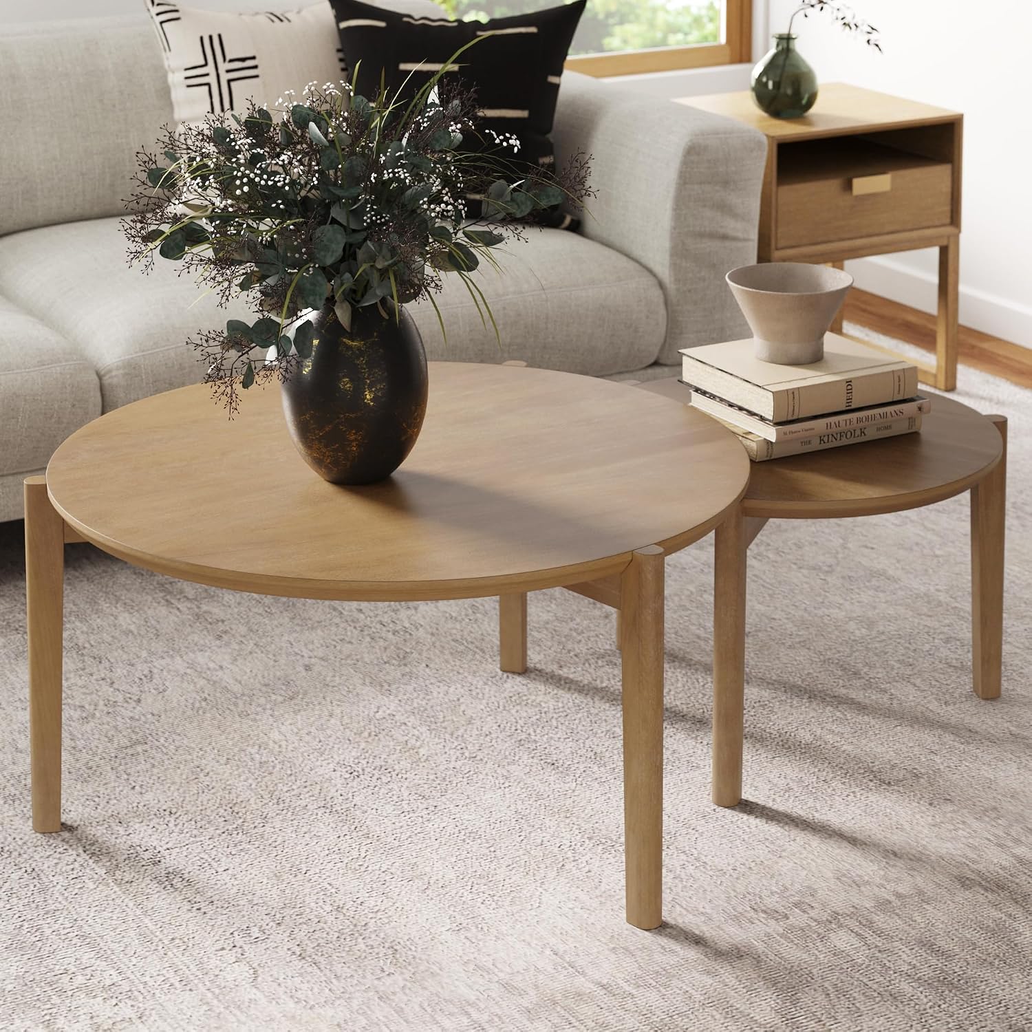 Nathan James Kendall Round Modern Nesting Coffee Set of 2, Stacking Living Room Accent Tables, Light Brown