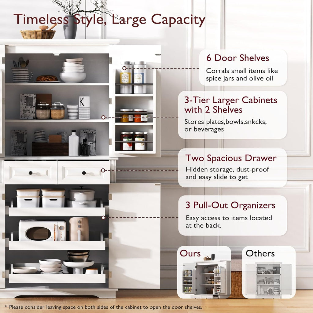 Kitchen Tall Pantry with 3 Pull Out Cabinet Organizers, Farmhouse Freestanding Storage Cabinet with 6 Door Shelves and 2 Drawers for Kitchen, Dining Room (White)