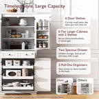 Kitchen Tall Pantry with 3 Pull Out Cabinet Organizers, Farmhouse Freestanding Storage Cabinet with 6 Door Shelves and 2 Drawers for Kitchen, Dining Room (White)