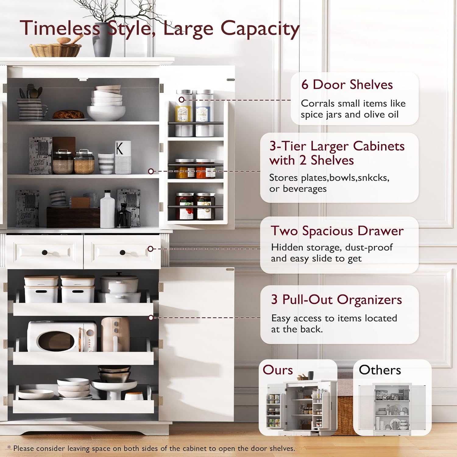 Kitchen Tall Pantry with 3 Pull Out Cabinet Organizers, Farmhouse Freestanding Storage Cabinet with 6 Door Shelves and 2 Drawers for Kitchen, Dining Room (White)