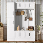 Merax Farmhouse Wood Hall Tree with Shoe Bench & 6 Cabinets, 4-in-1 Coat Rack with 4 Hooks & Adjustable Shelves, Entryway Storage Organizer Cabinet for Entrance, Hallway, Mudroom White