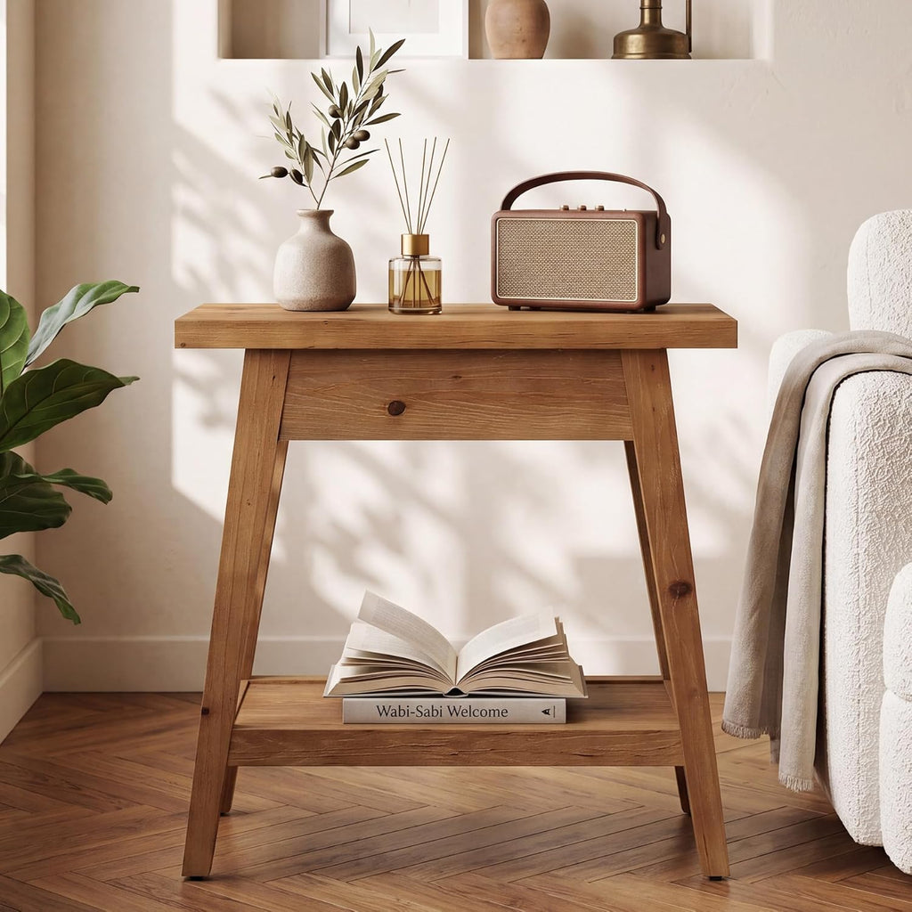 End Table for Living Room, 2-Tier Solid Wood Side Table with Storage, Farmhouse Rectangle Nightstand for Bedroom, Living Room, Small Spaces (Natural Brown) (1)