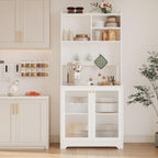 TrailBlaze Versatile Freestanding Kitchen Pantry Cabinet - 71" Tall Sideboard Buffet with Pegboard, 2 Glass Doors, Adjustable Shelves & 6 Hooks, Multi-Compartment Storage for Dining Room or Hallway