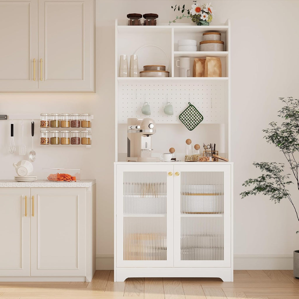 Kitchen Pantry Cabinet,71-Inch Freestanding Storage Cupboard with 7 Compartments, DIY Pegboard, 2 Glass Doors & Adjustable Shelves – Versatile Storage for Kitchen, Dining Room, Hallway(White)