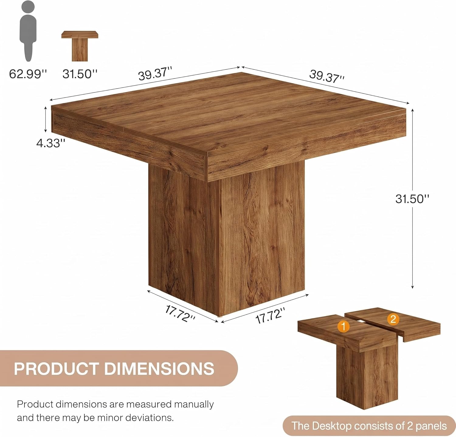 Tribesigns 39-Inch Square Dining Table for 4, Farmhouse Small Kitchen Dinner Eating Table with Sturdy Pedestal Base, Wooden Dining Room Furniture for Dining Room, Kitchen, Apartments (Walnut)