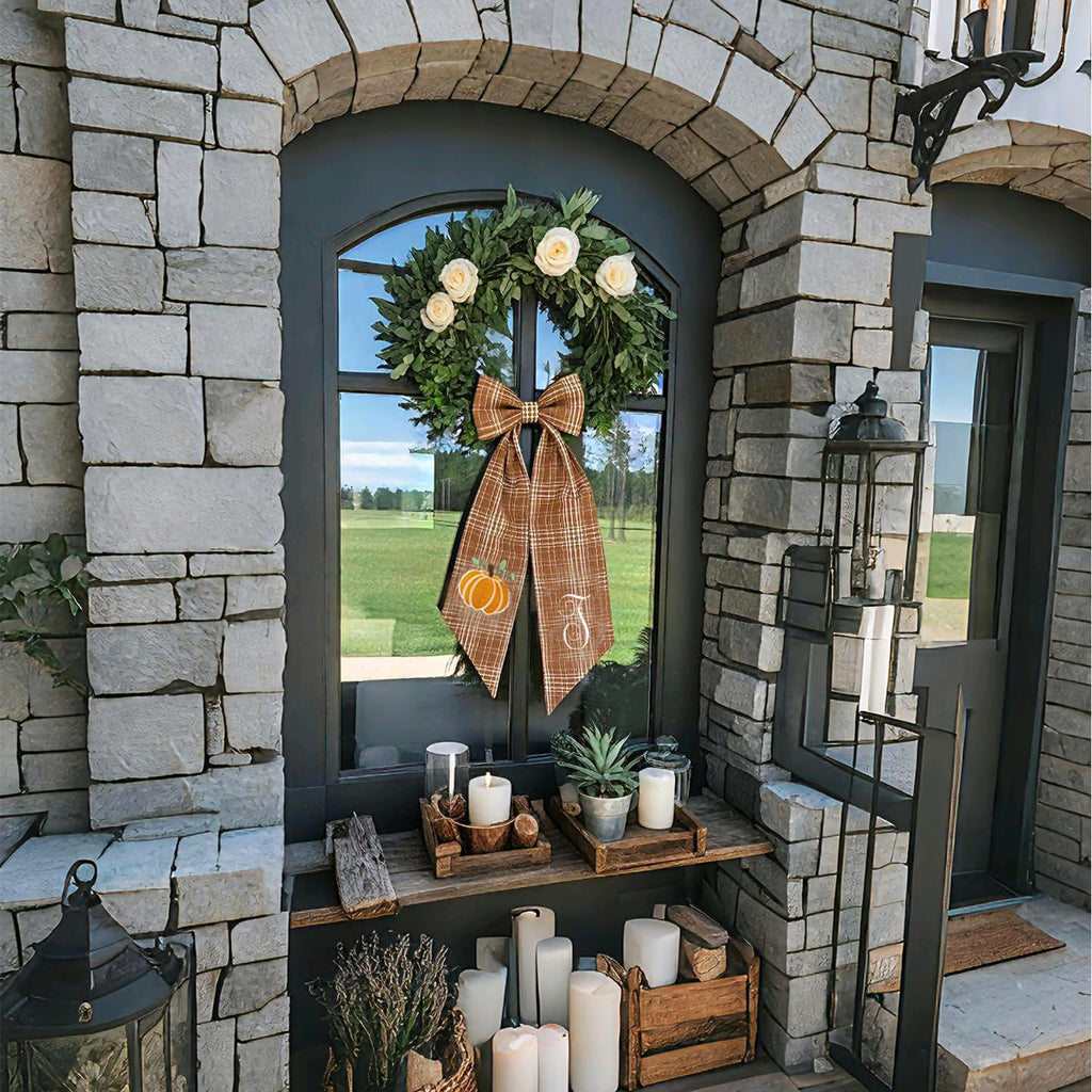 Autumn Door Wreath Sash Embroidered with White Letters and Pumpkins On A Plaid Wreath Sash Ideal for Housewarming Gifts, Autumn Thanksgiving, Halloween, and Christmas Porch Decorations -M