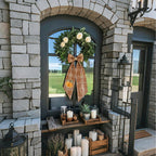 Autumn Door Wreath Sash Embroidered with White Letters and Pumpkins On A Plaid Wreath Sash Ideal for Housewarming Gifts, Autumn Thanksgiving, Halloween, and Christmas Porch Decorations -M