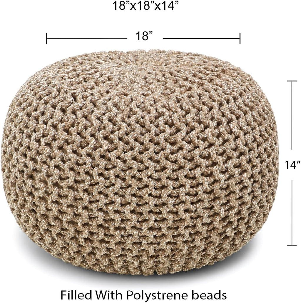 · REDEARTH · Round Pouf Ottoman - Hand Knitted Boho Poof - Beige Ivory | 100% Cotton, 18"x18"x14"; Doubles as Footstool, Foot Rest; Great for Living Room, Bedroom, Nursery, Patio, Dorm, Lounge