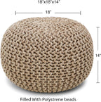 · REDEARTH · Round Pouf Ottoman - Hand Knitted Boho Poof - Beige Ivory | 100% Cotton, 18"x18"x14"; Doubles as Footstool, Foot Rest; Great for Living Room, Bedroom, Nursery, Patio, Dorm, Lounge