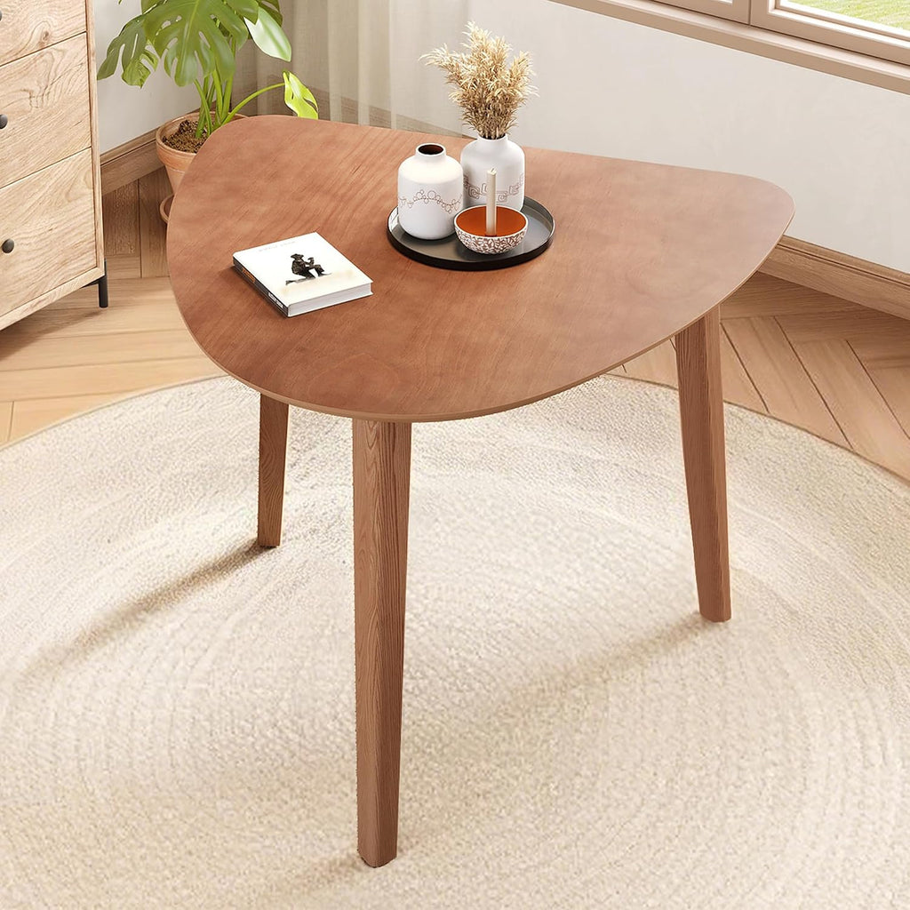 Merax Modern Triangular Side Table, Space-Saving 36 inch Wood Accent Table for Living Room, Bedroom, Solid Rubber Wood & MDF, Light Brown
