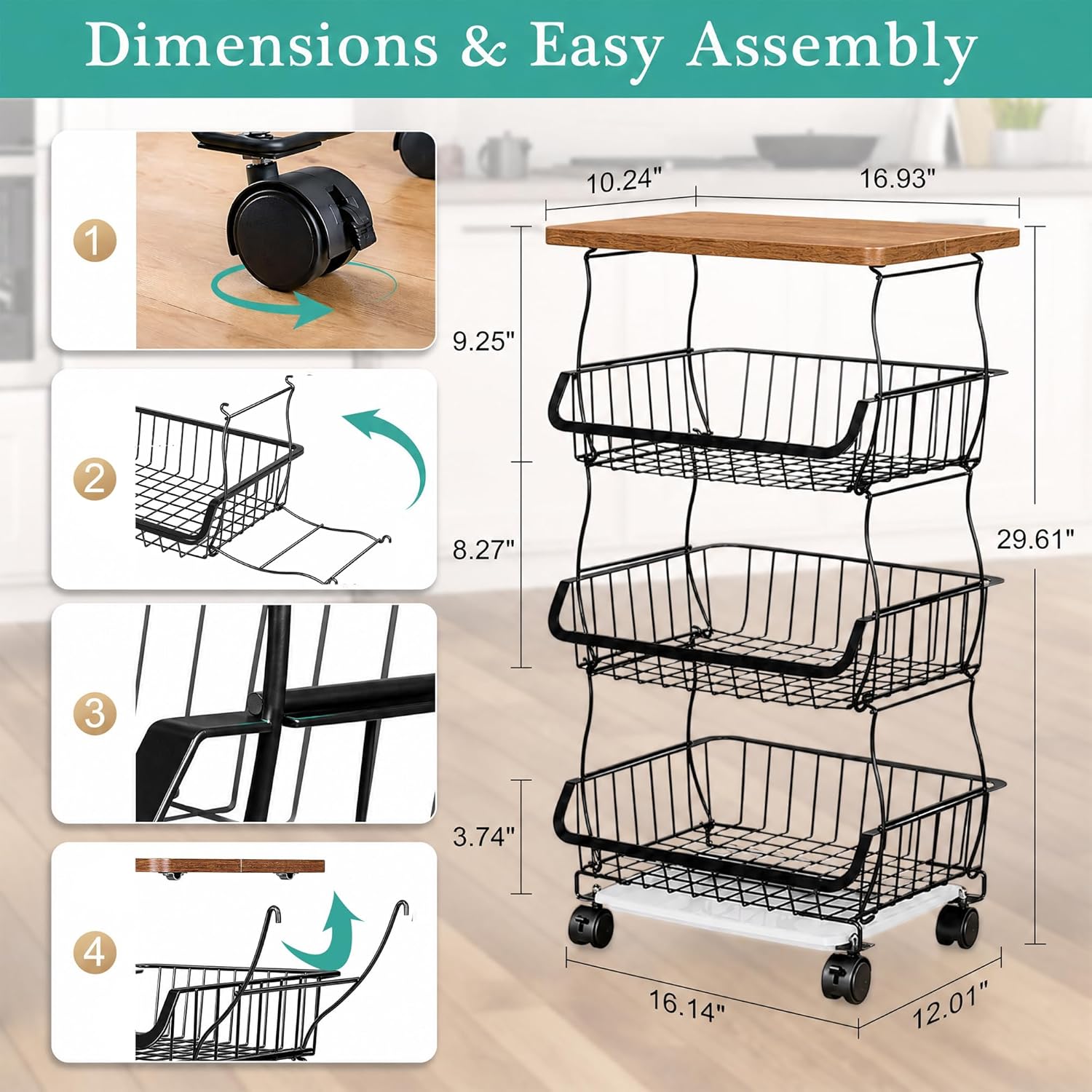 VECELO 4-Tier Fruit Basket with Wheels, Fruit and Vegetable Storage Cart for Kithchen, Stackable Produce Organizer Wire Baskets for Kitchen, Pantry, Living Room