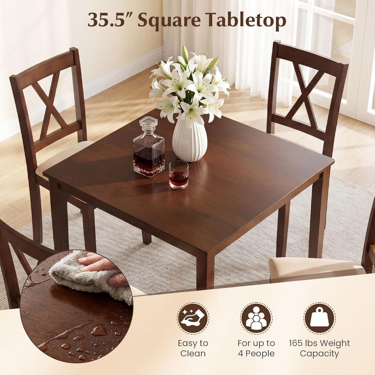 Giantex Dining Table Set for 4, Square Kitchen Table Set w/Rubber Wood Frame, 4 Upholstered Chairs w/X-Shaped Backrest, Space-Saving Dinette Set for Small Space, Dining Room, Breakfast Nook